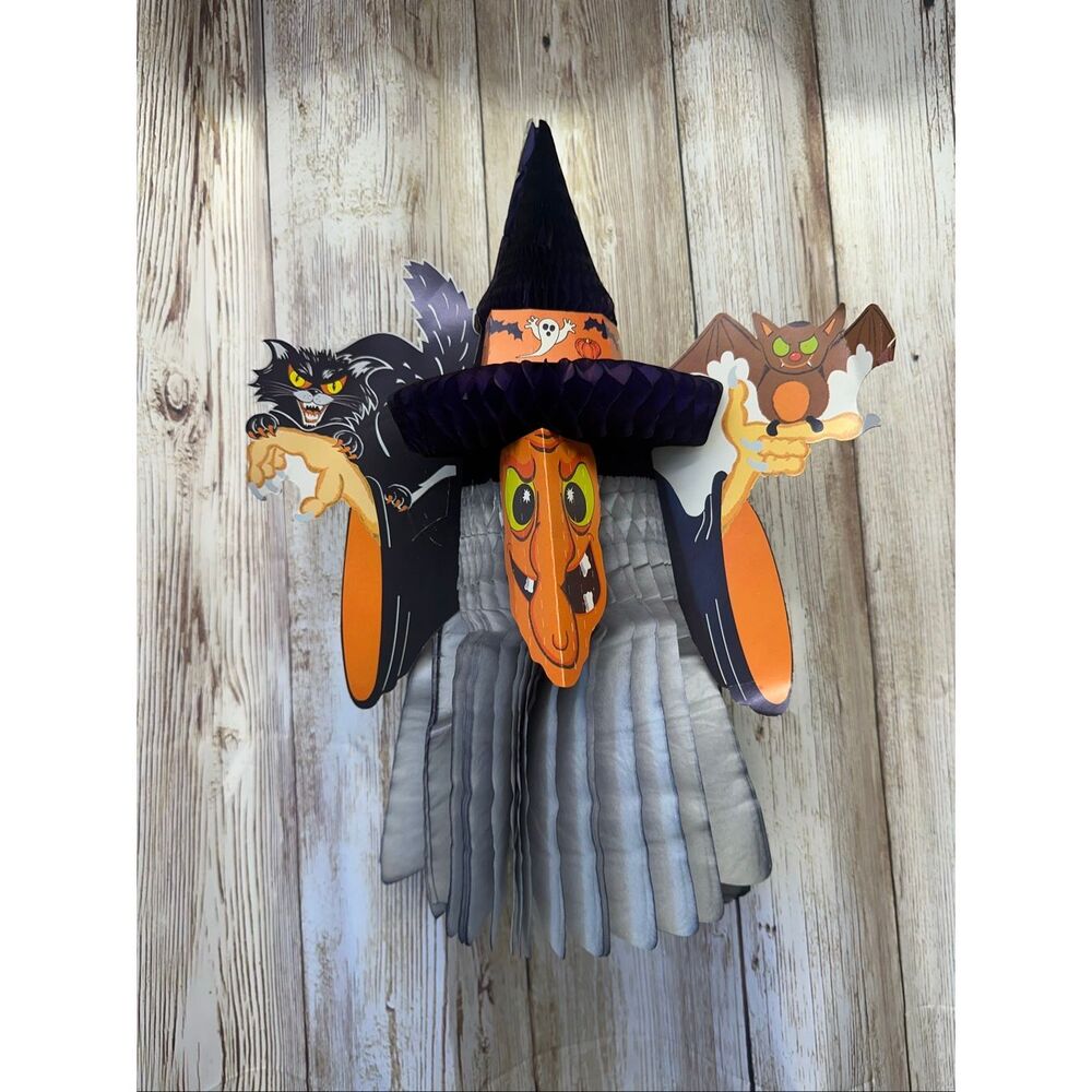 Vintage Danish Amscan Halloween Witch Black Cat Bat Honeycomb Hanging Decoration
